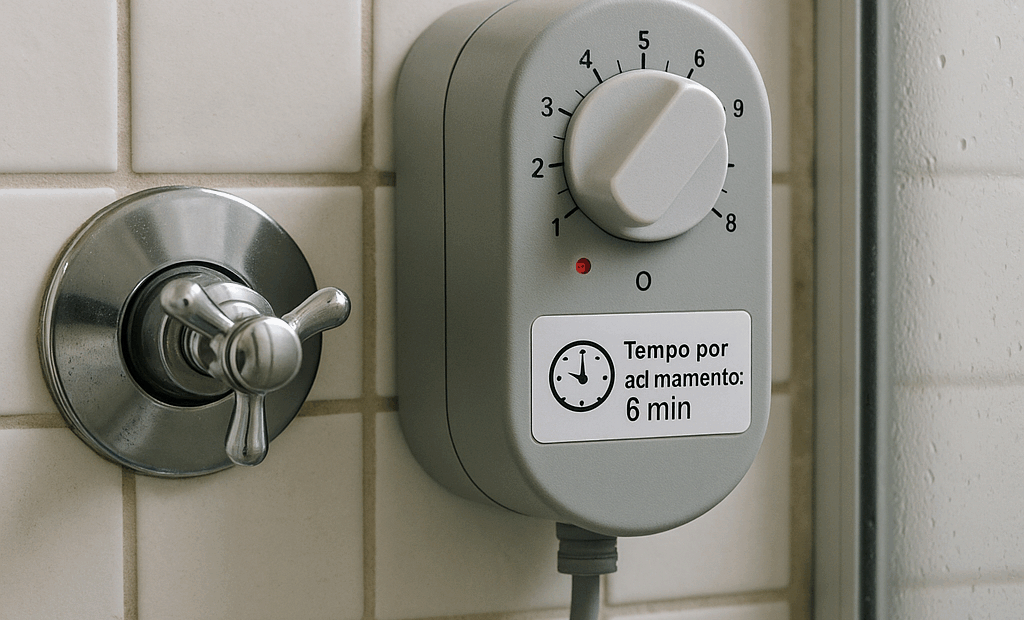 controlador de tempo chuveiro instalado no box, com botão de acionamento