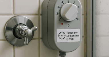 controlador de tempo chuveiro instalado no box, com botão de acionamento