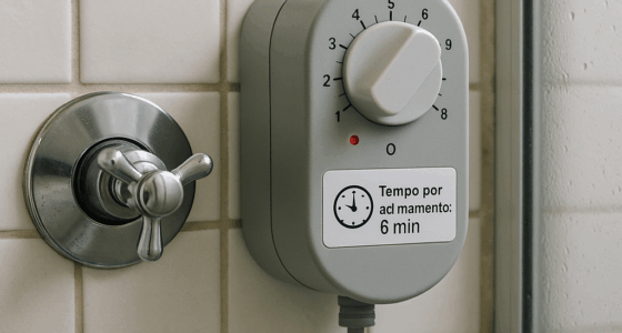 controlador de tempo chuveiro instalado no box, com botão de acionamento