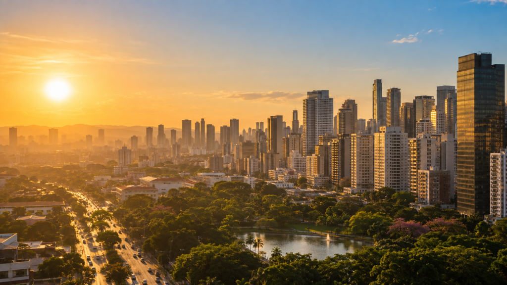 Cidade brasileira sob sol intenso e névoa de calor, ilustrando o efeito de ilha de calor urbana
