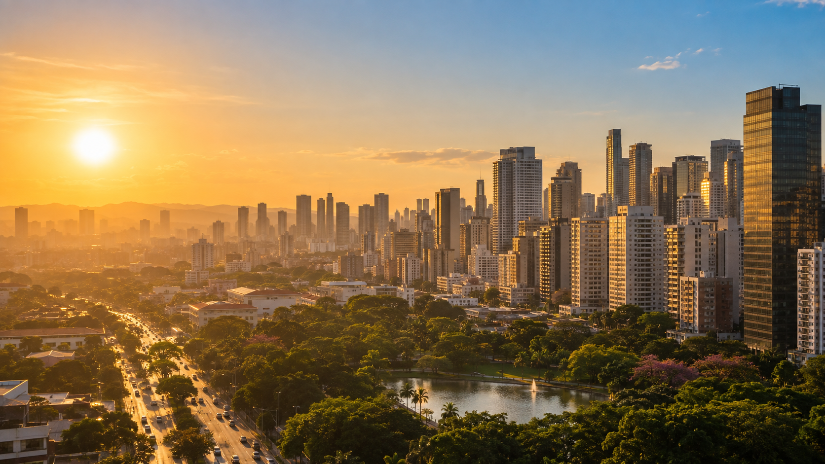 Cidade brasileira sob sol intenso e névoa de calor, ilustrando o efeito de ilha de calor urbana