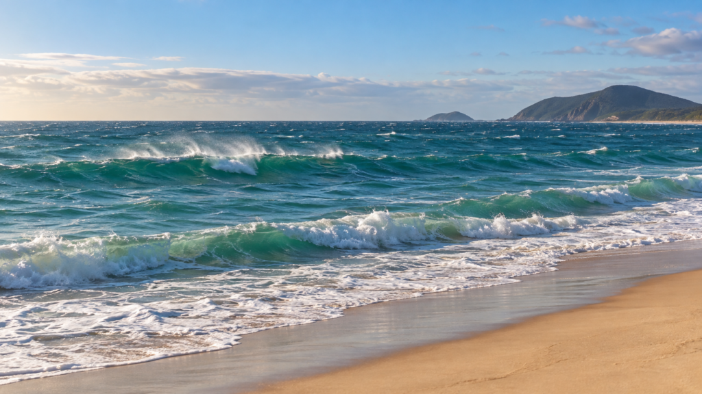 Ondas em praia brasileira com vento formando pequenas espumas no mar, imagem sobre condições marítimas