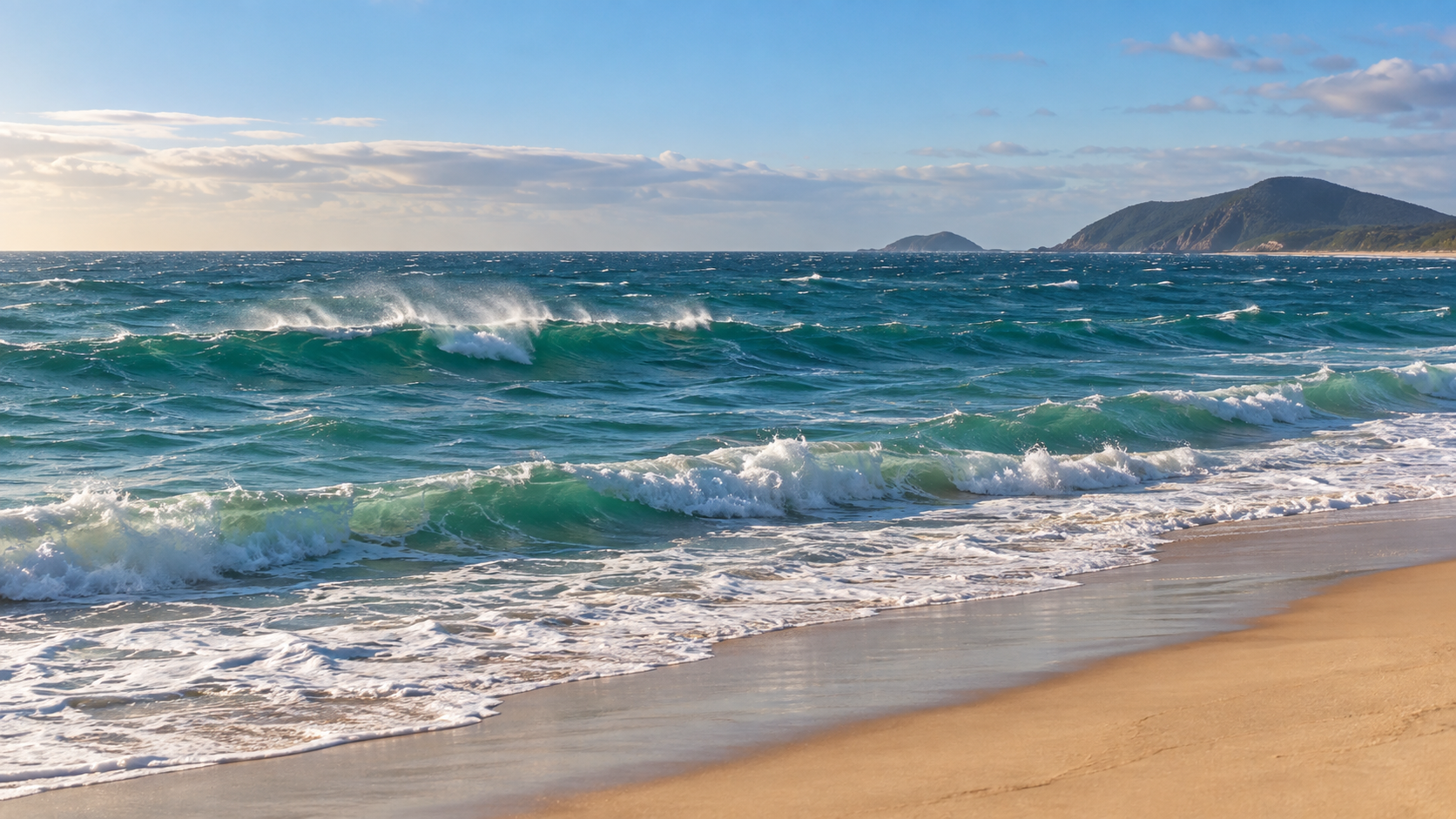 Ondas em praia brasileira com vento formando pequenas espumas no mar, imagem sobre condições marítimas