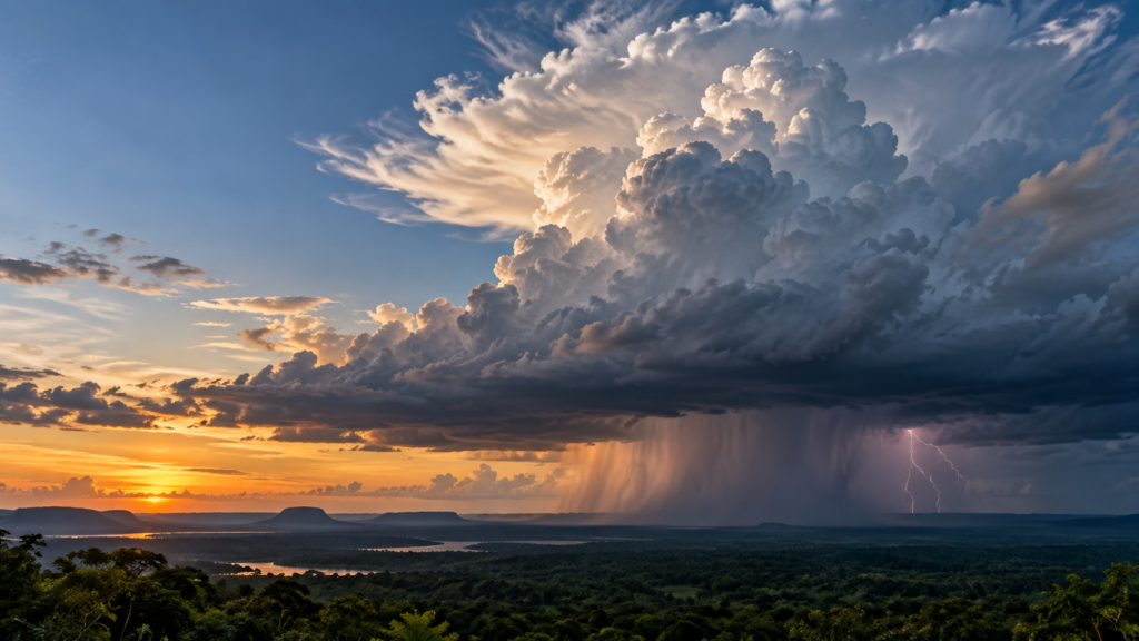 Nuvem cumulonimbus com chuva e relâmpagos ao fundo, ilustrando a formação de tempestades